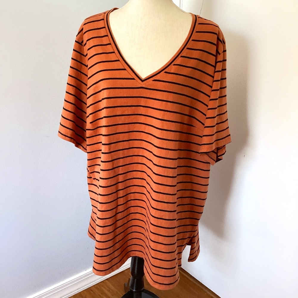 NWT CITY CHIC PLUS XL/22 TOP COASTAL STRIPE V NECK TUNIC TERRACOTTA COTTβ¦